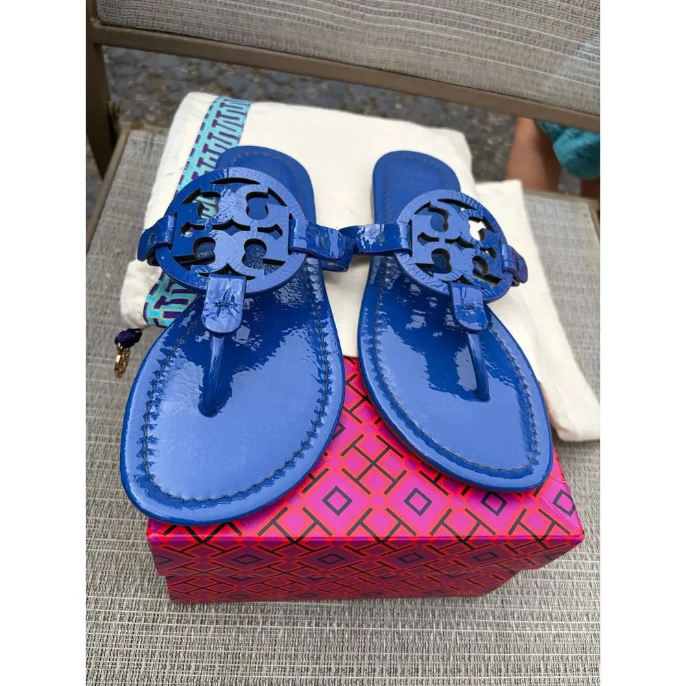 Tory Burch Miller Naplak Patent Leather Sandal Nautical Blue Thong Flat 6.5